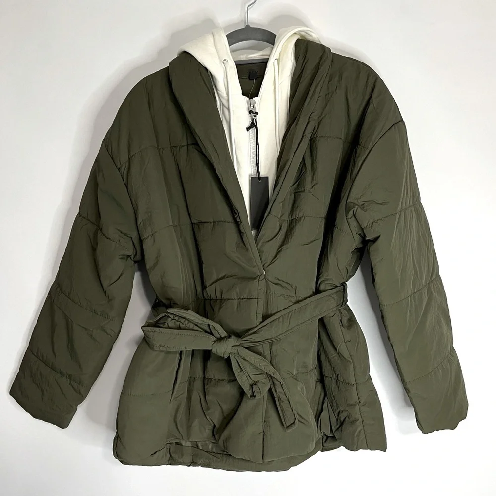 25) NWT BLANK NYC Olive Green & Cream Hooded Quilted Tie Waist Puffer Jacket MED - Picture 2 of 14